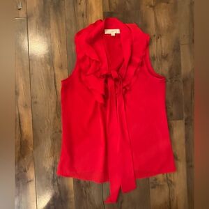 LOFT Red Ruffle Tie Neck Sleeveless Blouse | Workwear Date Night Chic